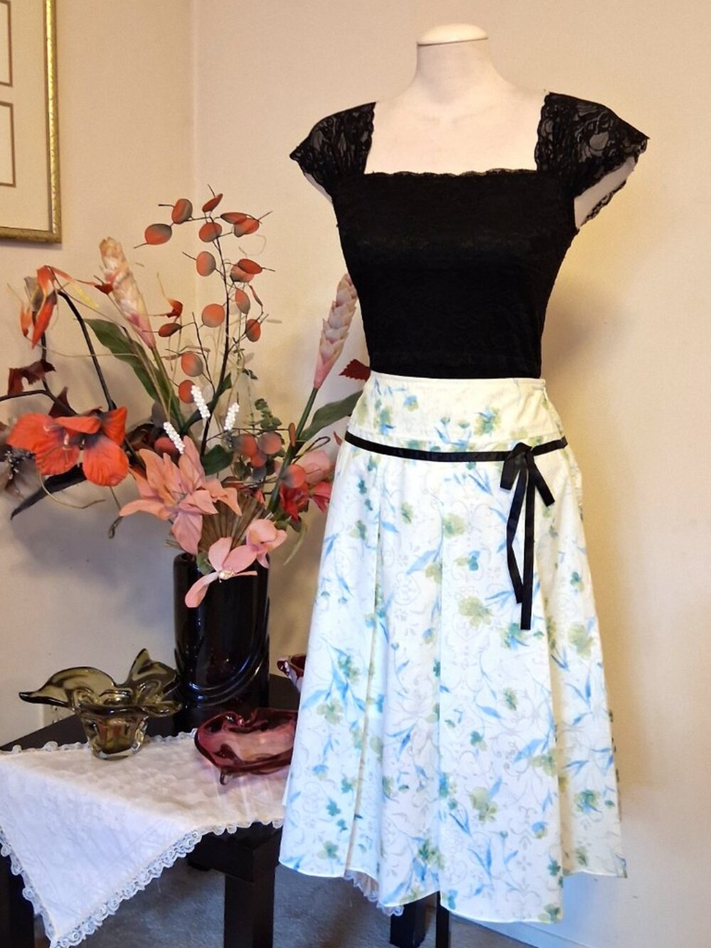 Floral Pleated Lined Midi Skirt A-Line Flared Quality Green Summer Skirts 12 - Picture 4 of 10